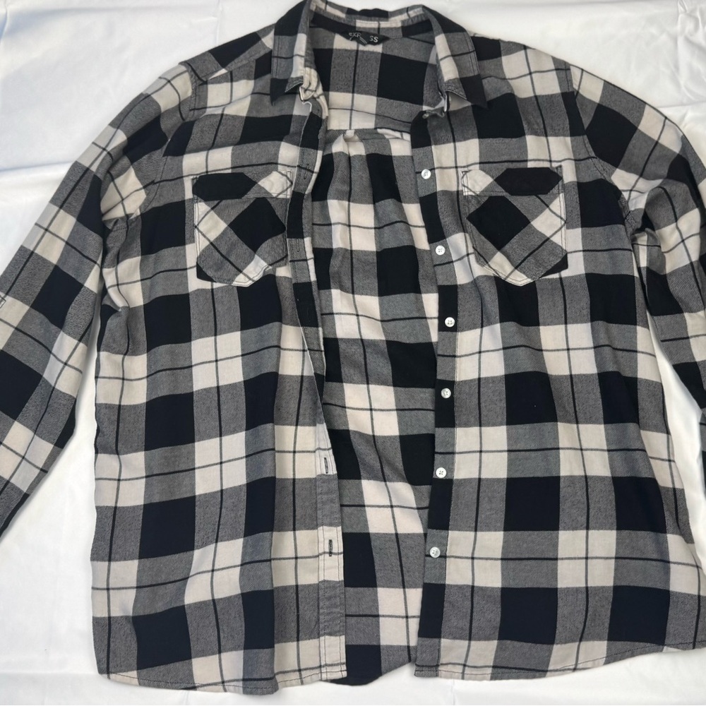 Express - White, Grey, and Black Plaid Long Sleeve Button Up Shirt
